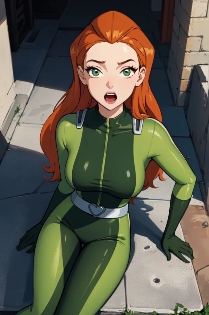 masterpiece, best quality, ultra-detailed, illustration, 1girl, Original_Source_sam \(totally spies\), orange hair, long hair, green eyes, green bodysuit, Gained Some Weight, Pudge, belt, open mouth, figure four sitting, alleyway 