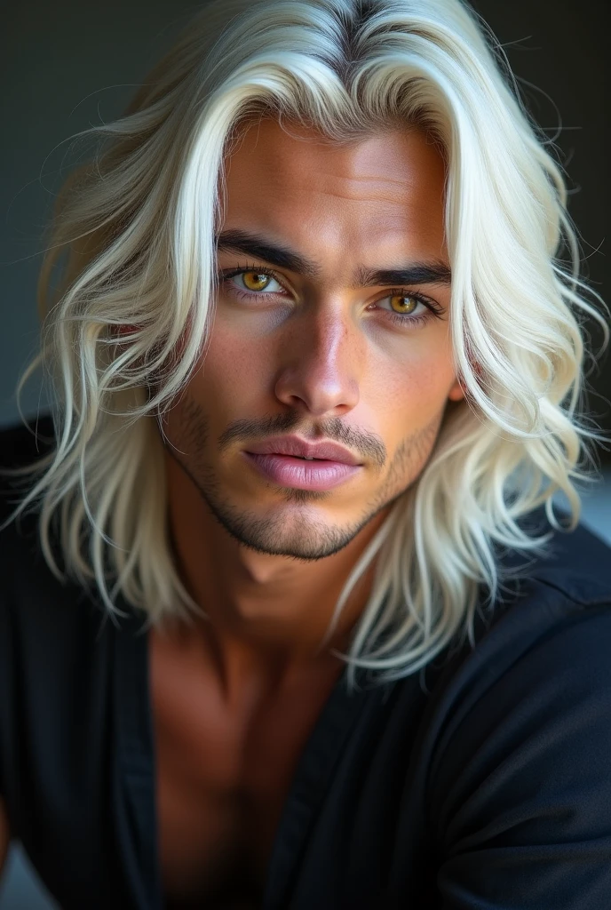 A man with long blonde , very, very, very curly hair lying sexy on a bed whit all body in site