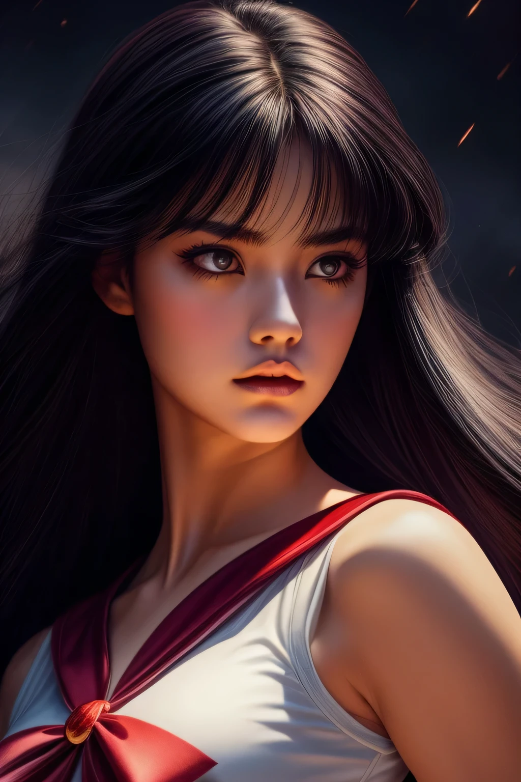 A beautiful girl in a sailor mars uniform, dark fantasy, realistic, 1991, detailed face, beautiful eyes, perfect fox-like eyes, perfect body, detailed facial features, high definition, hyperrealistic, digital art, beautifully shaded, cinematic lighting, dramatic shadows, chiaroscuro,  vibrant colors, moody atmosphere, dark brooding, mystical, powerful, intense gaze