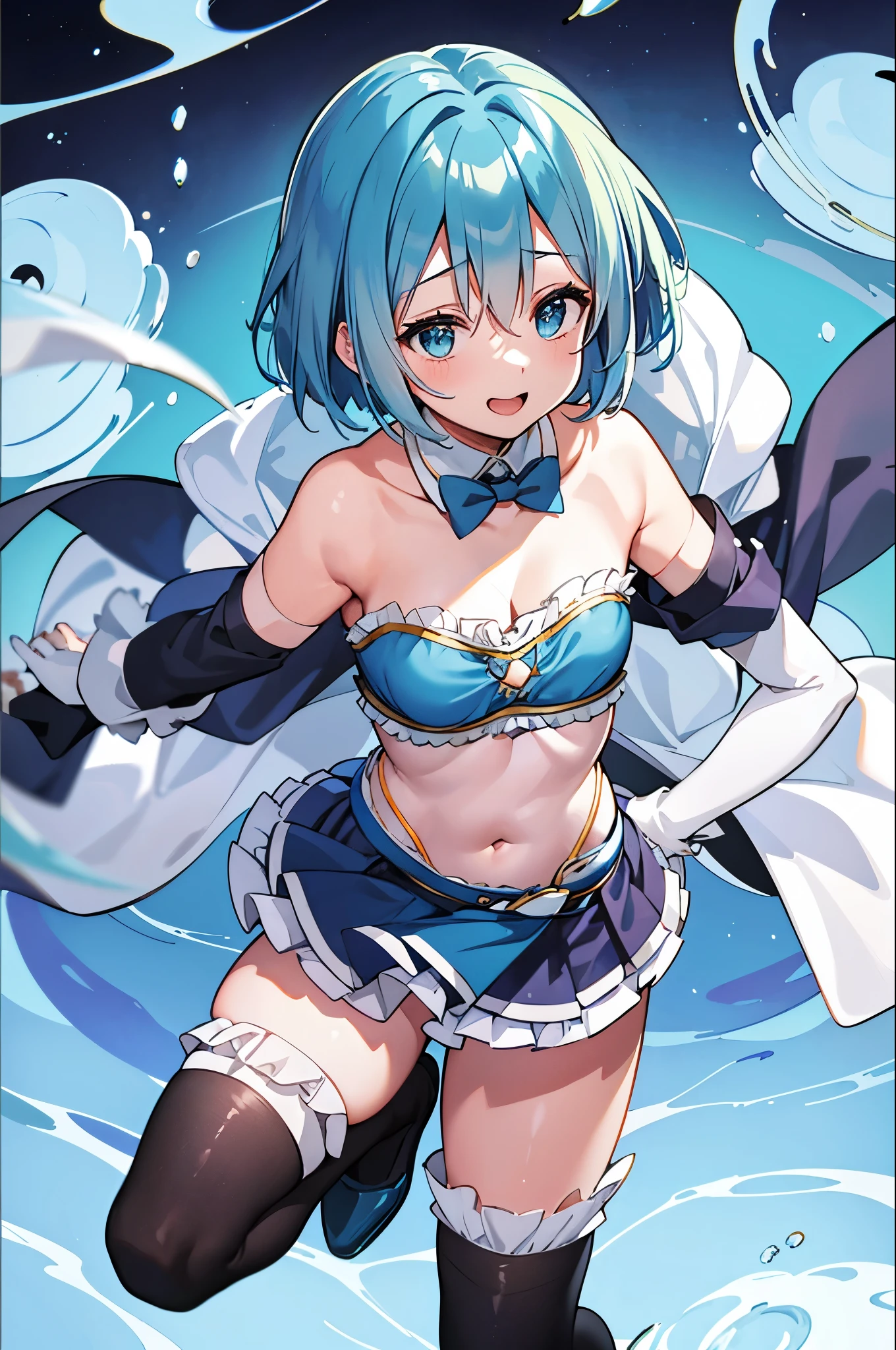 1young__girl,Sayaka Miki(puella magi madoka magika), large_breasts,blue_bra_over_chemise,curler,bare_shoulder,pleats_skirt,white_cape,cloak,shoes,aquablue_short_hair,globe,knees,(bare_belly:1.2),navel_ornament,thigh-highs,dynamic_standing,smile,open_mouth,(abs:0.8)