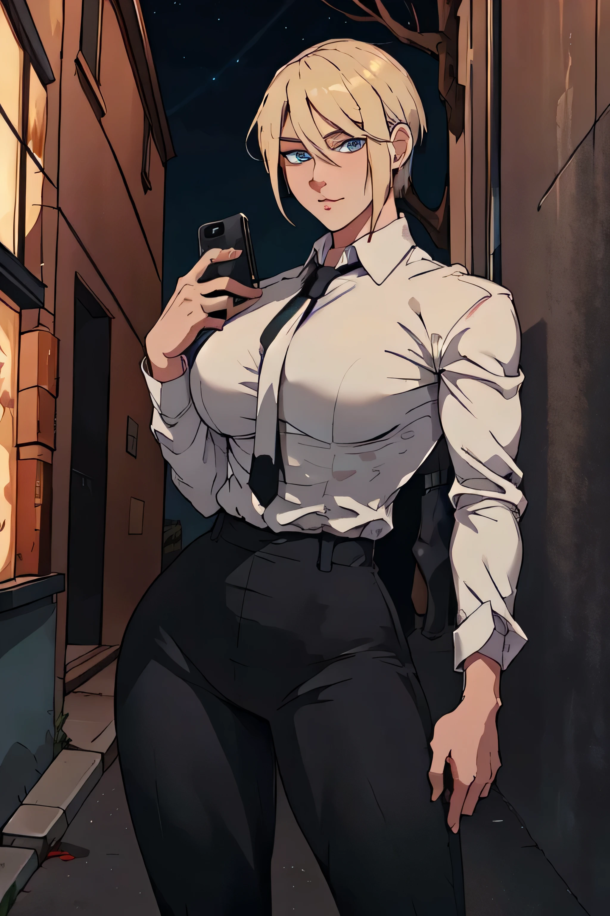  with short blonde hair, blue eyes, wearing a white shirt, breasts, with a black tie, defined body, wearing black pants wearing black pants, defined waist, hips, collared shirt, In an alley on a street at night, with a bloodstained shirt and holding a cell phone in his hand 