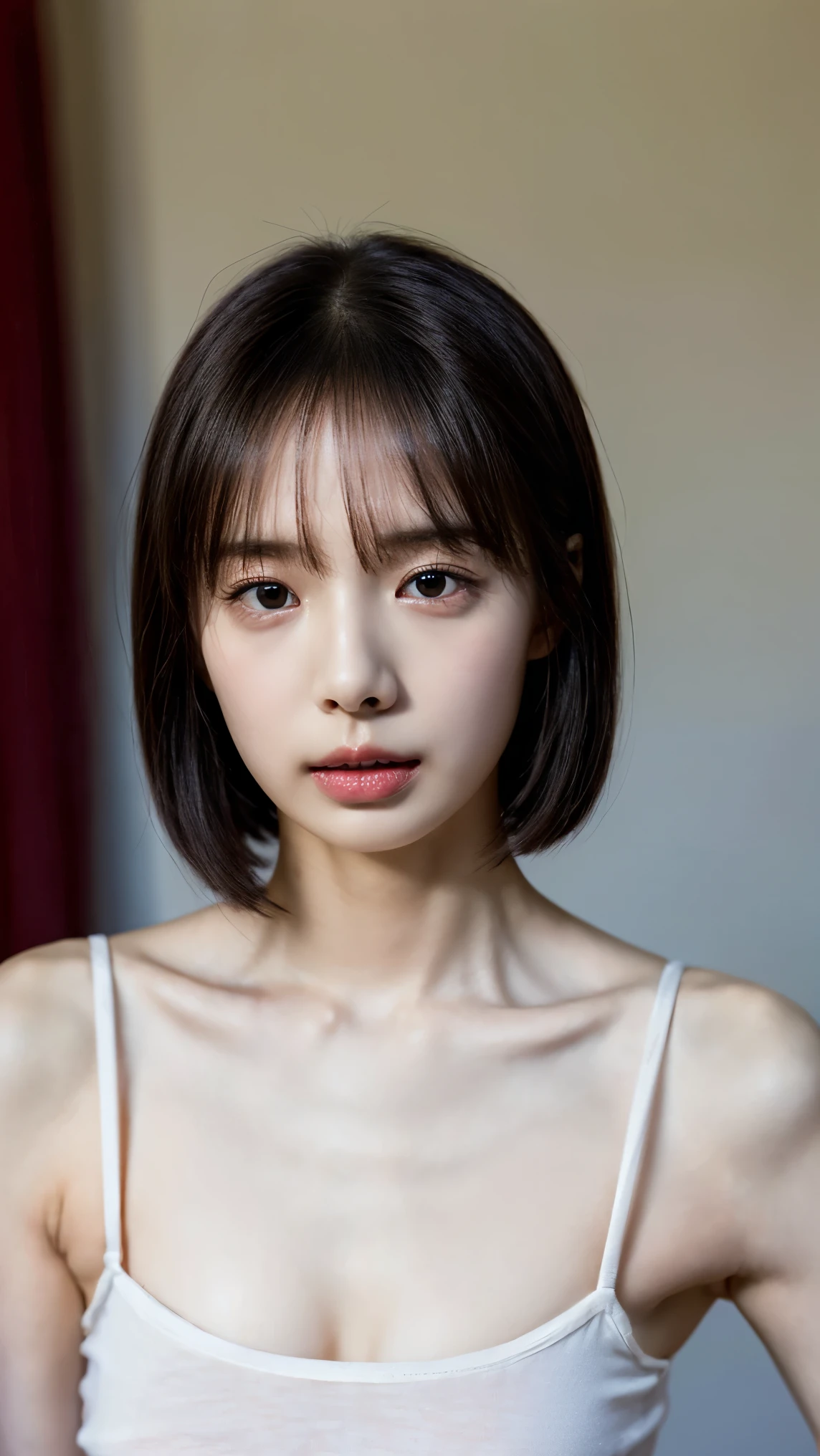 ((Petite women, Sensual woman, No makeup, 柔らかい笑face)), (((Small eyes, Long, narrow eyes))), (Full body portrait, Black Hair, Short Hair, Small breasts, Wearing a white T-shirt, Protruding nipples, Thick pubic hair), White skin, Glossy pale lips, skinny, Body Type, Delicate and sexy collarbone, Best Quality, RAW Photos, Realistic, face, so beautiful, cute, Depth of the written border, High resolution, 超detailed, detailed, Very detailed, extremely detailed eye and face, Sharp pupils, Sharp focus, Cinema Lighting