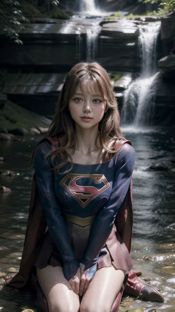 (((masterpiece))), (((High resolution)))、(((8K quality)))、(((Perfect Face)))、 , Looking into the camera, ((Best Qualityの目)), (Detailed face), (Detailed Texture), Completed Supergirl cosplay、One Girl, Alone, High resolution, Anatomically correct, Best Quality, By the waterfall、(((Get on both knees、sit)))