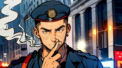 ((((Tired man holding a cigarette in his right hand)))), (((((Police officer))))), Solo, unmotivated expression, grinning face