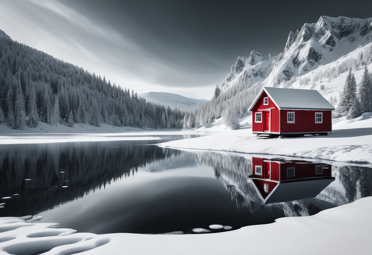 a snowy landscape, a minimalist black and white photography, a solitary red cabin, a frozen lake with reflections, cinematic lighting, dramatic shadows, moody atmosphere, serene and peaceful, extreme attention to detail, high quality, photorealistic, cinematic, masterpiece