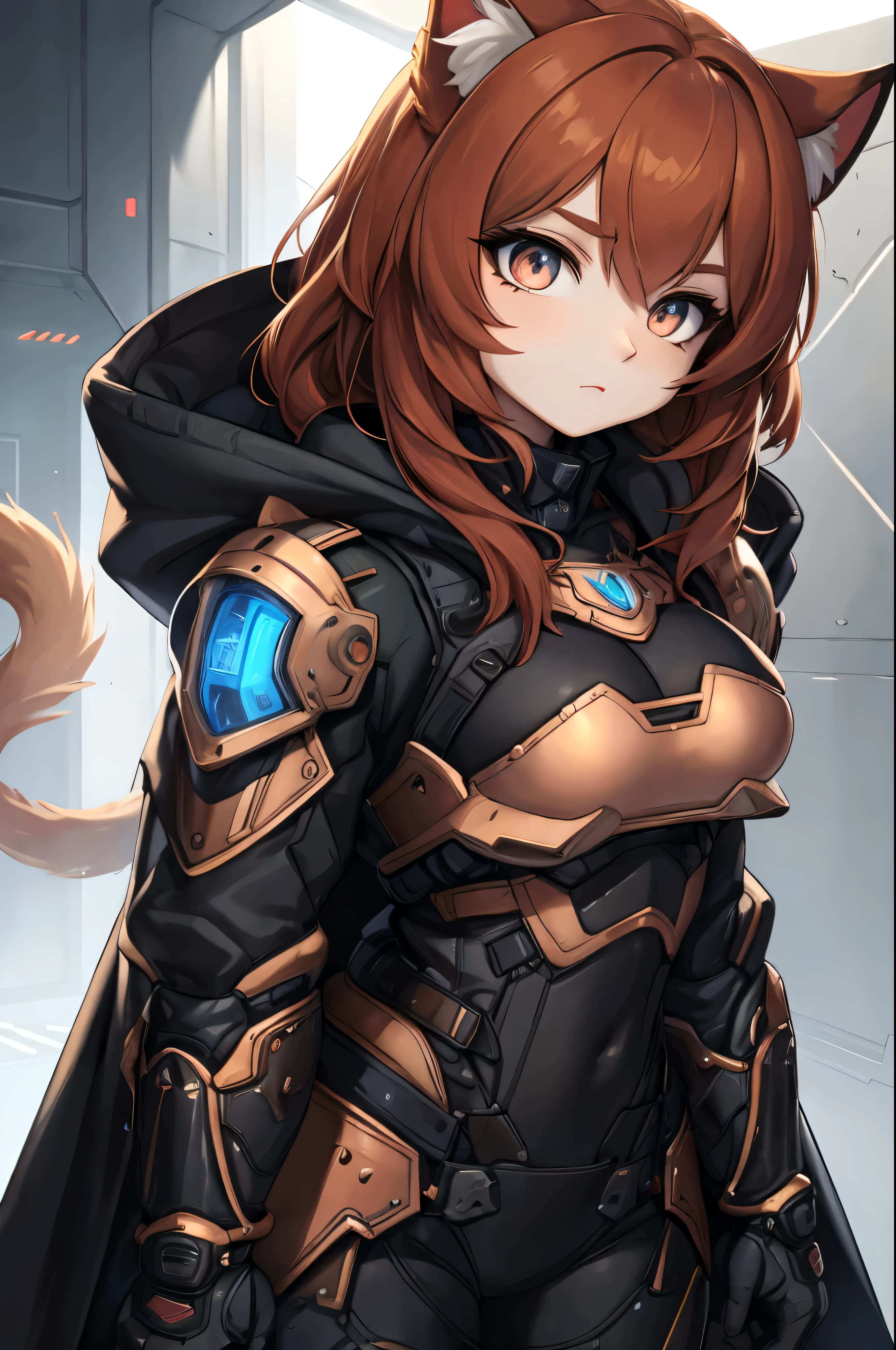 Female cat girl with copper colored eyes and Auburn hair and a tail dressed in futuristic armor with a black long coat.