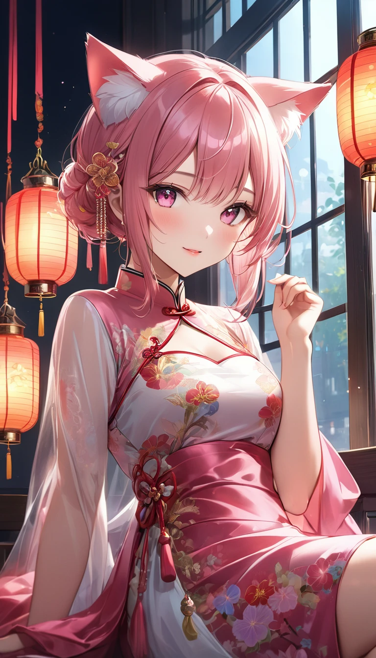 top-quality、hight resolution、8K、(1人の女性)、(((extra detailed face)))、8 head body、
(Composition looking up from a low position)、
Colorful、Fine skin、Deep slit、
Beautie、Surprised、red blush、agitation、plump eyes、Eyes sparkle、((Hair collection))、(hair adornments)、
(((Pink cheongsam)))、((mini chinese dress))、Underwear is visible、The chest is visible、large full breasts、off shoulders、thighs thighs thighs thighs、
(Dimly lit place)、Hair collection、nsfw、(Hide your fingertips)、Refers to 5