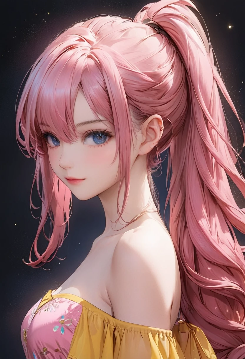 masterpiece, best quality, cowboy shot,from side, A female, detailed facial features, high ponytail color with long tip hair, pink color hair, (hair over one eye), wearing yellow off-shoulder sleeves dress, small chest, glossy dark-blue eyes,looking at viewer, soft smile,