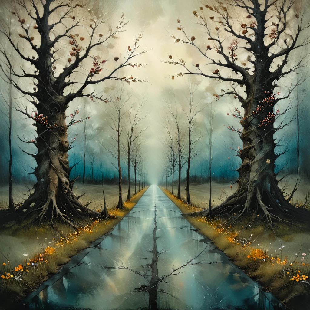 oil and acrylic painting, attractive double exposure . In the style of Andy Kehoe, Dave McKean. A road that splits into two paths. One leads into a dark forest with dead twisted trees and rotting flowers. The other leads to a meadow with little flowers and cherry blossoms.. highly detailed, photorealistic, dramatic lighting, complementary color scheme, intricate details, epic scale, dramatic mood.