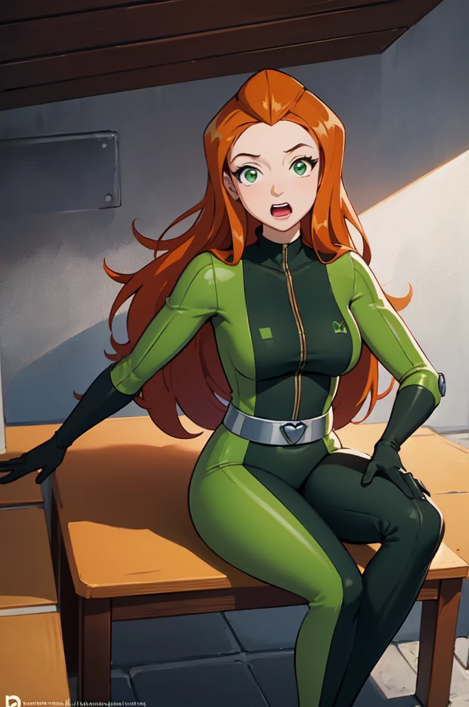 masterpiece, best quality, ultra-detailed, illustration, 1girl, Original_Source_sam Gained some weight Chubby belly,\(totally spies\), orange hair, long hair, green eyes, green bodysuit, Gained Some Weight, Pudge, belt, open mouth, figure four sitting, alleyway 