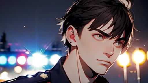 In the center, ((((tired man)))), ((((police officer))))) with messy hair, single black hair, unmotivated expression, grinning face