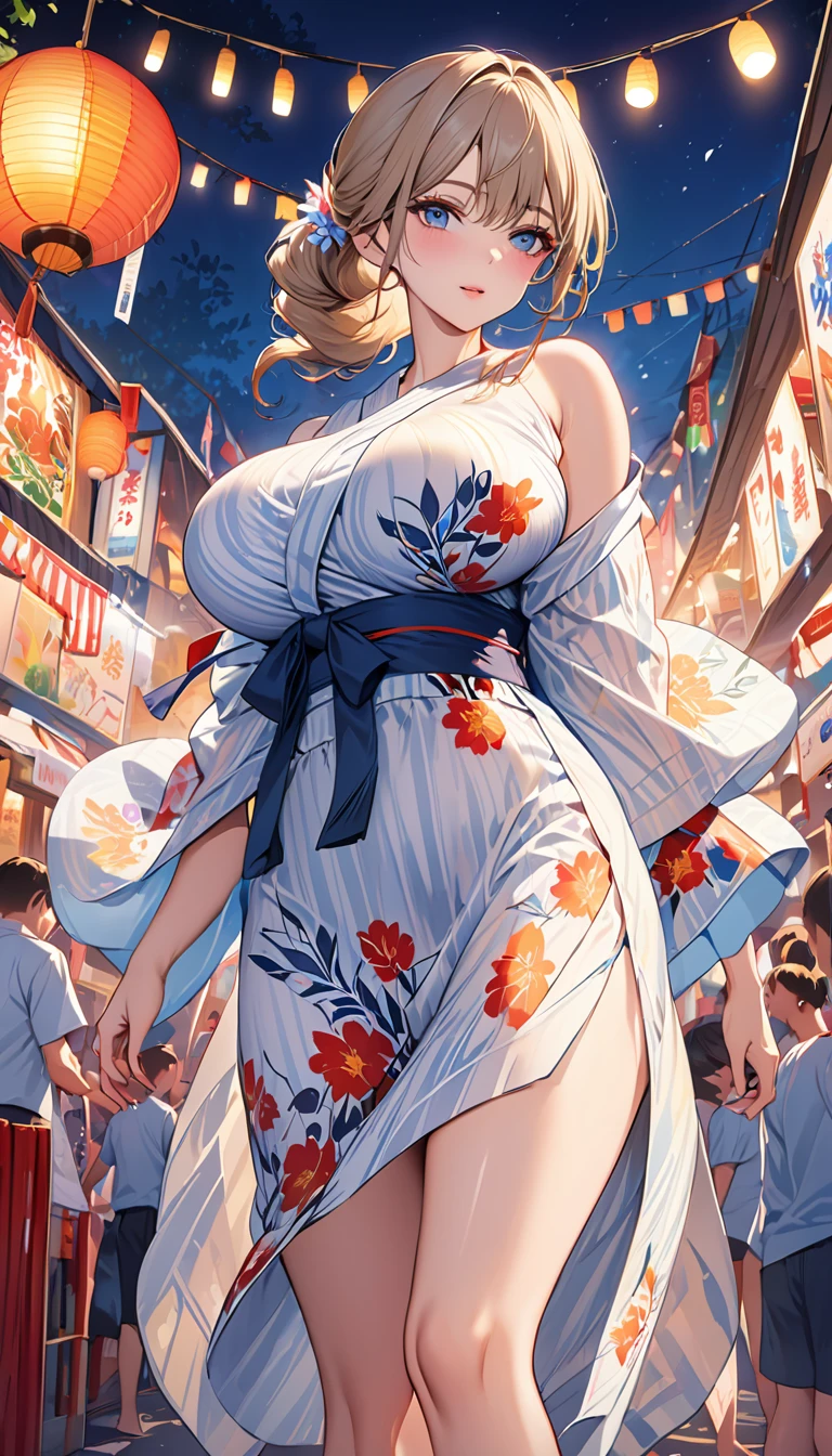 sneak shot , masterpiece, best quality, illustration, blond hair ,long hair , Hokusai ,looking at viewer, skinny, huge breasts, moles on breast ,