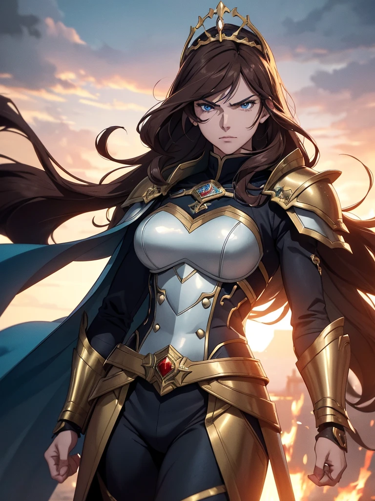 (8K, ultra detailed, realistic style: 1.3), anime warrior woman, long wavy brown hair, with a determined and powerful look, intense blue eyes. He wears a full suit of armor with gold and white details., decorated with intricate medieval and gothic style patterns, In addition to a red cape fluttering in the wind. The armor has a shiny, polished appearance., highlighting his noble and heroic status. He wears a golden tiara on his head that reflects authority and strength.. The background shows a dark sky filled with smoke and debris in the air., giving the impression of a recent battle or being on the battlefield. The atmosphere is epic, transmitting leadership and courage.