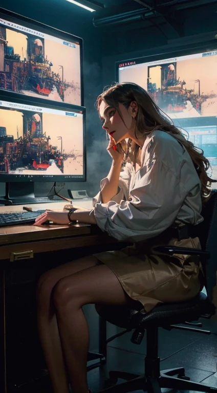 highly detailed, 4k, Portrait of a young woman working on her computer late at night, (warm interior lighting:1.2), (window in the background:1.1) (Concentration:1.3),(focused expression:1.4) (long wavy hair:1.2),(graphic t-shirt:1.1), (casual and comfortable:1.2) (realistic and detailed:1.5), (tones of orange and teal:1.3) (vibrant colors:1.4), (cinematic composition:1.3) lifelike shading and textures, backlit with volumetric lighting. award-winning visuals, intimate mood, thoughtful and compelling. Greg Girard Helmut Newton, (impressionism style), highly detailed, A teen runaway tags along as he parties and competes with friends and foes. award-winning, professional, by (todd lockwood), vibrant,