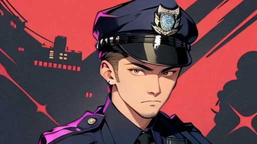 In the center, ((((tired man)))), ((((police officer))))) with messy hair, single black hair, unmotivated expression, grinning face