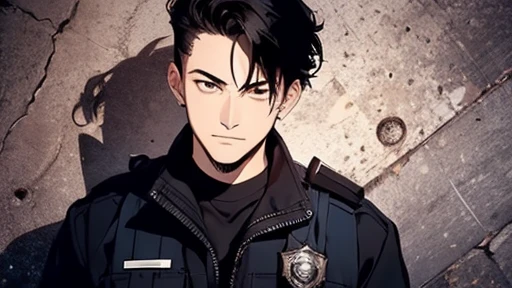 In the center, ((((tired man)))), ((((police officer))))) with messy hair, single black hair, unmotivated expression, grinning face