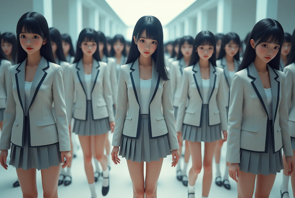 (Japanese Clone-girls=Myself), (Super Best masterpiece Clone-girls Raw Photography Art), (16K, Highest quality, Ultra-high resolution, RAW Photos), (It's so unrealistic., With unparalleled depiction, With an unfathomable sight, An unprecedented and shocking worldview, Clone-girls: In a world of mass reproduction, Ultra-realistic), (Japanese Girls, 16yo, Small face, Thick black hair, long hair, Dark Eyes, Mature face, かわいいsmile, Smiling face, A gentle gaze, Very pleasant look), (Very beautiful detailed girls, Accurate body structure, Accurate body movements, Very detailed body, (Super big breasts, Large bulge of ample breasts)), (Schoolgirl uniform, Short sleeve, mini skirt, Emphasise the fullness of your breasts), (Very detailed, Myself cloning, Depiction of splitting oneself, 1Myself girl→1,000,000,000,000,000,000,000,000,000,000Myself cloning girls), (Very detailed and intricate, Myself clone-girlsから, Myself's body is multiplying, A perfectly matched depiction, (In the same female body,With the same face, With the same hairstyle, In the same clothes, At the same height, 同じSuper big breasts)), (Myself girls only), Academy, gym, stage, academic level, Commemorative photo depiction, Group photo, Tiered stage photography, smile, Ultra-wide field of view
