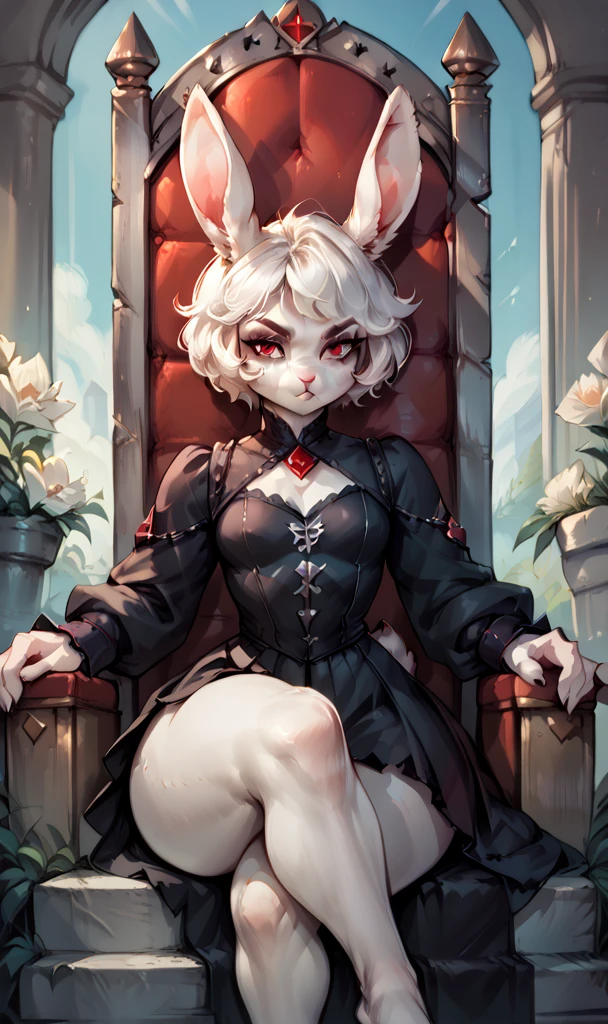 anthropomorphic rabbit woman, short fluffy white hair, white rabbit, small breasts, attractive, (gothic clothes), shapely body, rabbit tail, large thighs, large, freckles, freckles on face, red eyes, (serious expression), she is sitting on a throne, legs crossed, medieval mansion