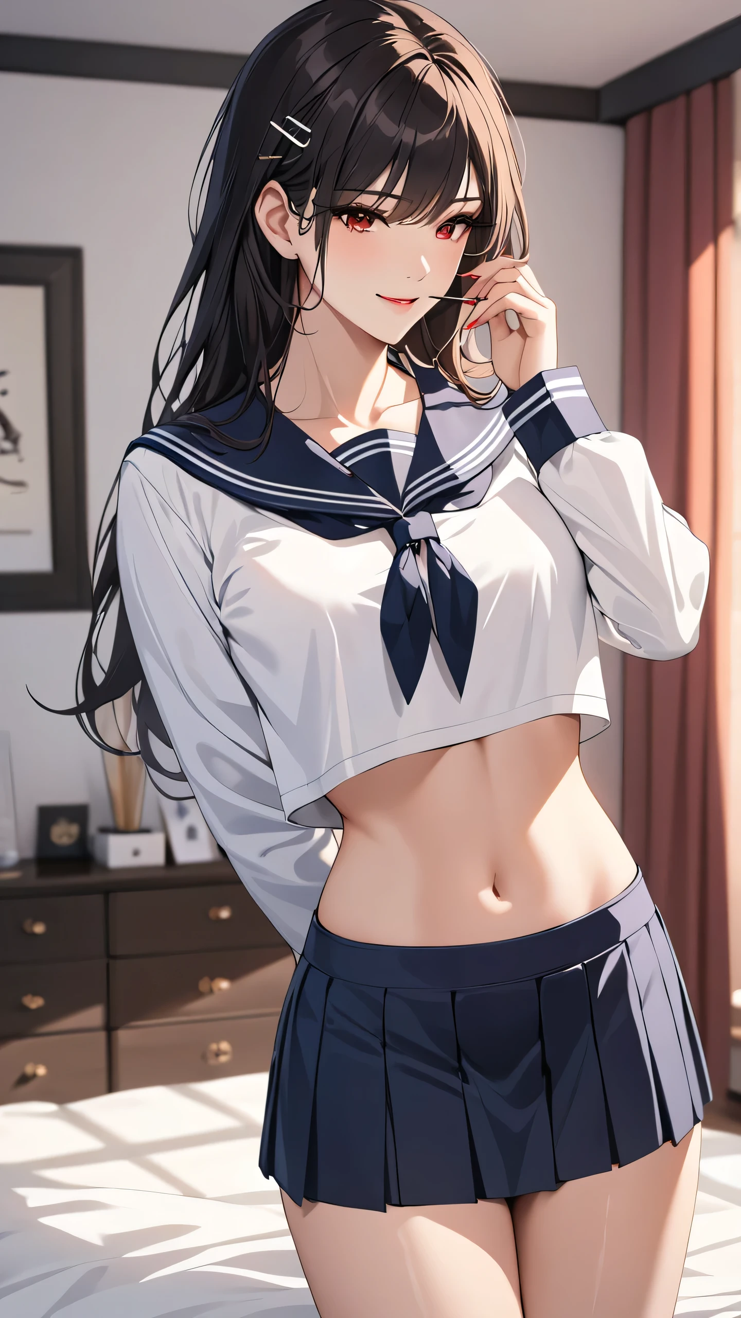 Highest quality　masterpiece　High resolution　masterpiece, black messy  hair,　　Red Eyes, , wearing long sleeves sailor uniform, seductive smile, tight, bedroom, crop top ovehang, mature female, , skirt, , adjusting hair, sexy body, biting a hairpin, make up 