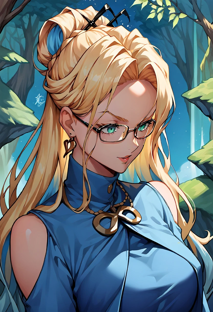 1 woman, anime, ((wavy blonde hair)), ((celestial locks)), ((long hair)), blue loose fitted dress, ((Alice in Wonderland)), ((square glasses)), ((glasses)), ((two-tone hair, blond and blue)), ((hair up)), ((background of a magical forest))