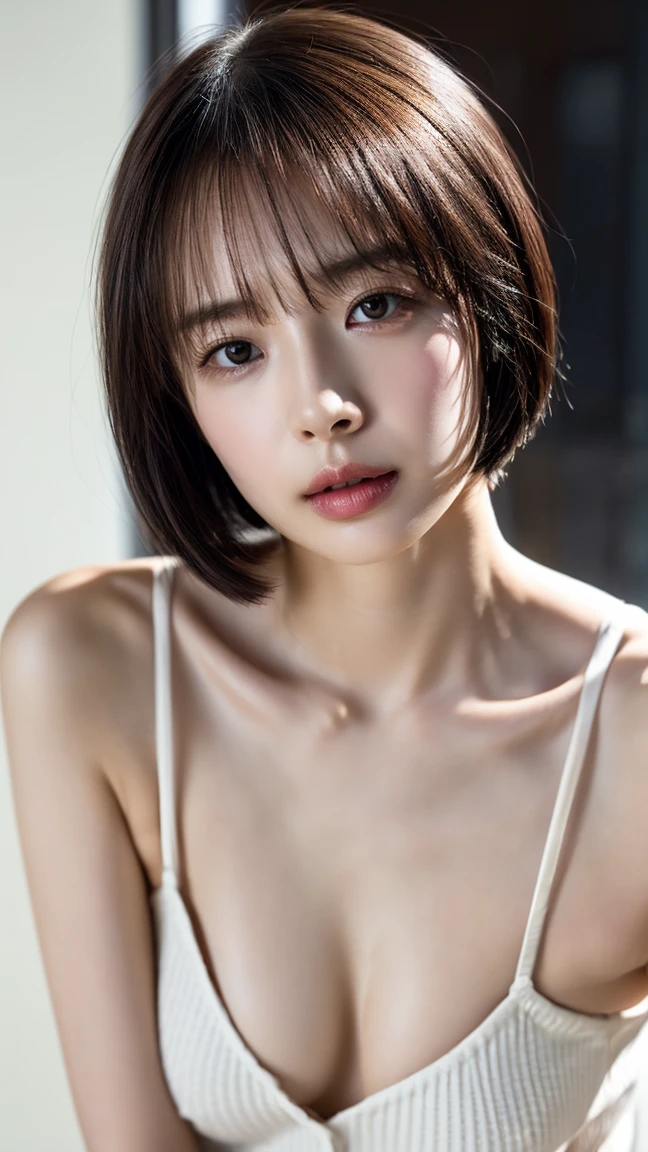 ((Petite women, Sensual woman, No makeup, 柔らかい笑face)), (((Small eyes, Long, narrow eyes))), (Full body portrait, Black Hair, Short Hair, Small breasts, Wearing a white T-shirt, Protruding nipples, Thick pubic hair), White skin, Glossy pale lips, skinny, Body Type, Delicate and sexy collarbone, Best Quality, RAW Photos, Realistic, face, so beautiful, cute, Depth of the written border, High resolution, 超detailed, detailed, Very detailed, extremely detailed eye and face, Sharp pupils, Sharp focus, Cinema Lighting