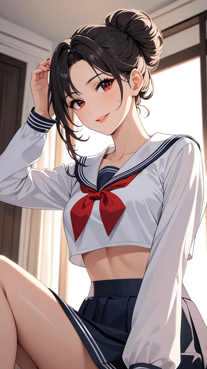 Highest quality　masterpiece　High resolution　masterpiece, black messy bun hair,　　Red Eyes, , wearing long sleeves sailor uniform, seductive smile, tight, bedroom, crop top ovehang, mature female, , skirt, , adjusting hair, sexy body, make up, sit, look from below