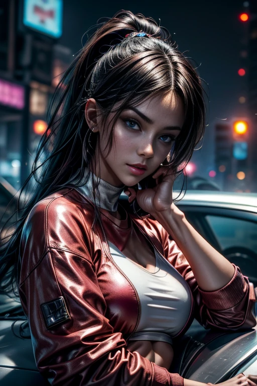 High-angle photo of a beautiful young woman in cyberpunk style, Realistic skin structure, looks up,rosa Sweatshirt,posing on a car, 1 / 2 Körperausschnitt, 8 5 mm art lens, f 1. 2, sharp focus, 8 K High Definition, insanely detailed, complicated, Elegant, art by stanley lau and cyberpunk