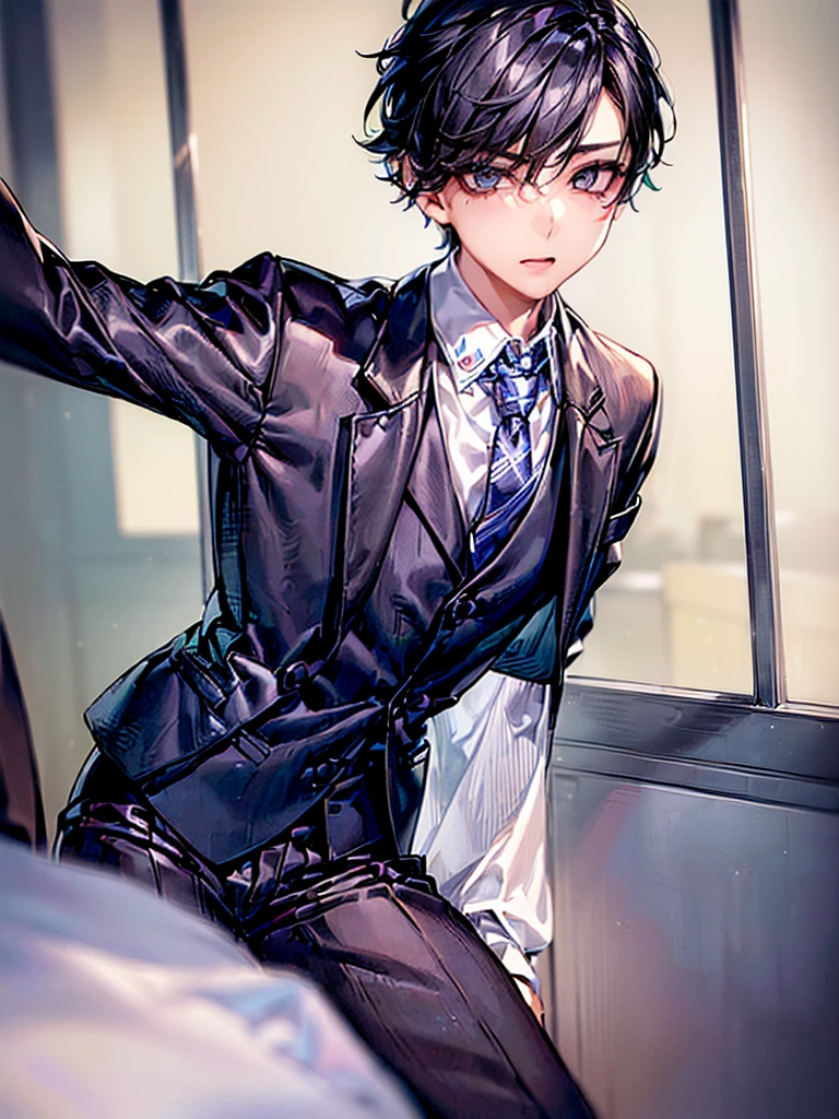 (1boy:1.5), (androgynous young beautiful pretty:1.5) office_worker boy in ((office_suits)) is standing (inside office:1.5), ((necktie)), eyebrows, eyelashes, ((PERFECT_FACE)), ((finely_detailed_beautiful_eyes_and_detailed_face)), (best_illumination, best_shadow, an_extremely_delicate_and_beautiful)