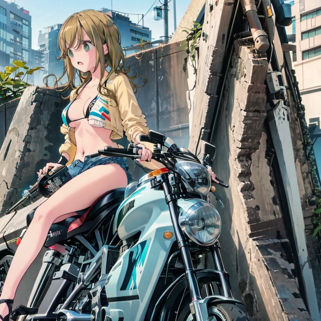 masterpiece,One girl,8k,City background,motorcycle,motorcycleにまたがっている,motorcycleに乗っている,アメリカンスタイルのmotorcycle,ホンダのmotorcycle,Honda Rebel 250,水色のmotorcycle,blush,Light brown hair,Semi-long hair,Light green eyes,topless,Swimwear,Not wearing a jacket,No shirt on,Black bikini top,Big Breasts,Cleavage,Erect nipples,Denim shorts,Facing forward,NSFW