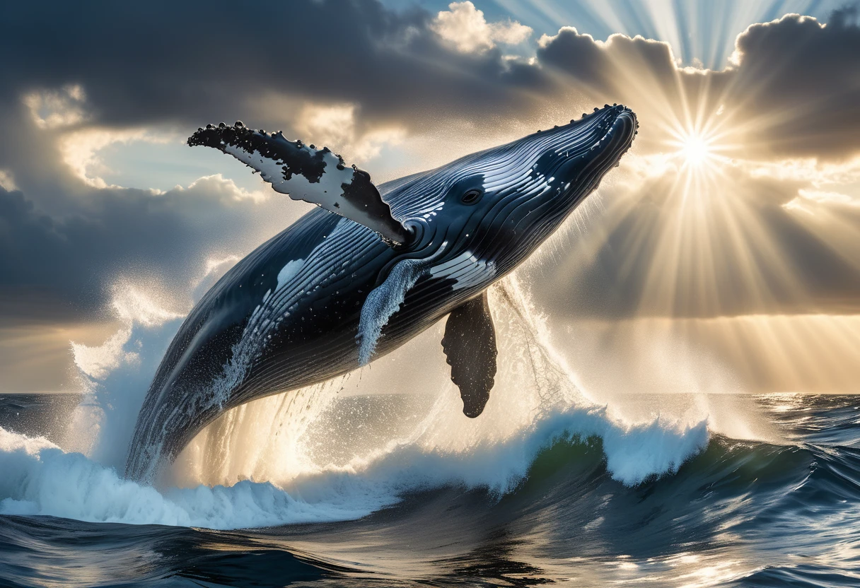 a beautiful humpback whale breaching out of the ocean, with water splashing around it, against a cloudy sky with god rays, highly detailed, cinematic, epic scale, stunning realism, award winning wildlife photography, national geographic style