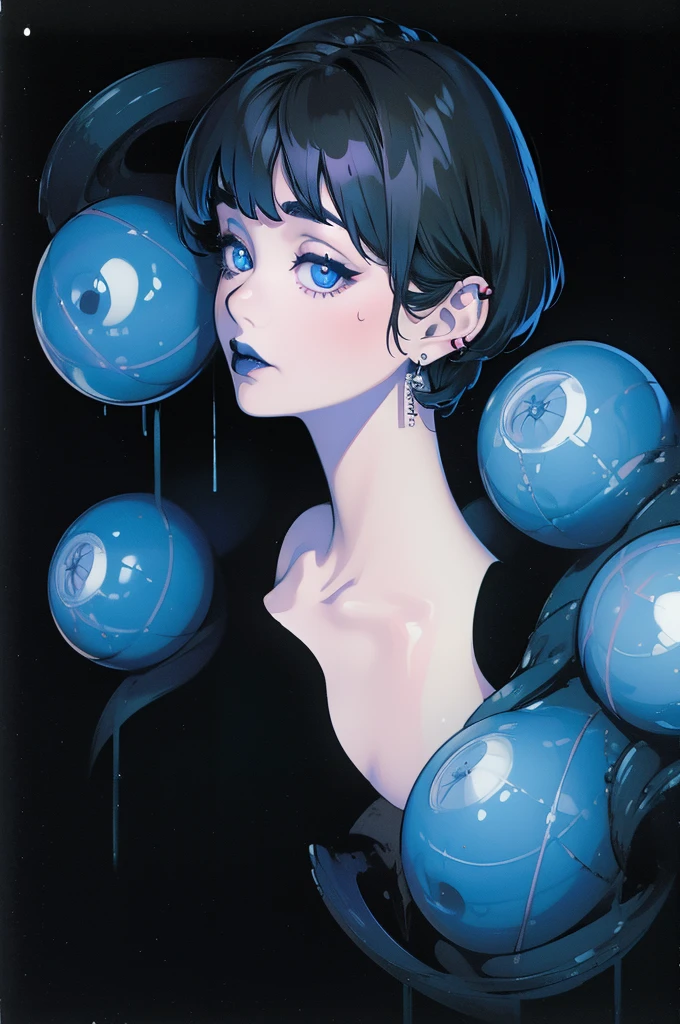 (best lighting) (best quality, masterpiece:1.2), illustration by hajime sorayama, perfect body, hyperfeminine curves, (detailed eyes), (detailed face), femme fatale, woman, short black hair, bangs, blue eyes, curvy, black lipstick, black eyeliner, earrings, high fashion, stockings, solo, horror, surreal