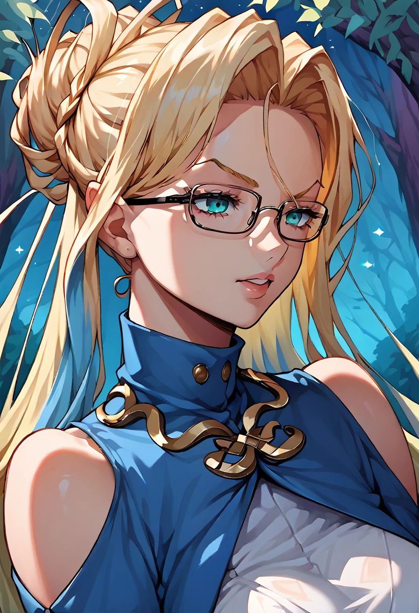 1 woman, anime, ((wavy blonde hair)), ((celestial locks)), ((long hair)), blue loose fitted dress, ((Alice in Wonderland)), ((square glasses)), ((glasses)), ((two-tone hair, blond and blue)), ((hair up)), ((background of a magical forest))