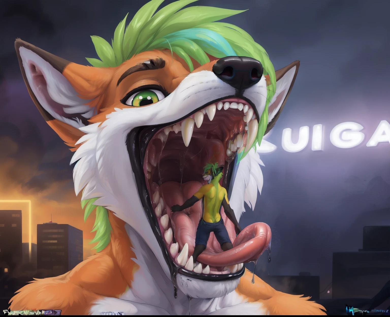 ((anthro (macro male orange fox with emo-green-hair, and micro sky-blue fox together), (micro in mouth), (detailed micro:1.6), (size difference:1.6), detailed fox face, detailed body, detailed mouth, looking on viewer)), nsfw, nude, (close-up), ((((vore), mouth, tongue, drool, mawshot))), fantasy, ((by zaush, (by meesh))), (by spectrumshift), (((by Nummynumz))), ((by fluff kevlar)), (male), (vibrant colors), (neon colors)