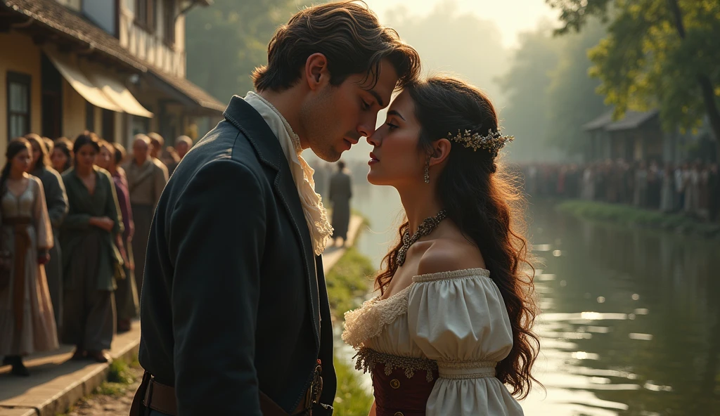 A young couple, dressed in elegant Victorian attire, gliding through the countryside in a beautifully crafted horse drawn carriage. The sun sets behind them, casting a warm glow on their faces as they enjoy a romantic ride through the rolling hills.