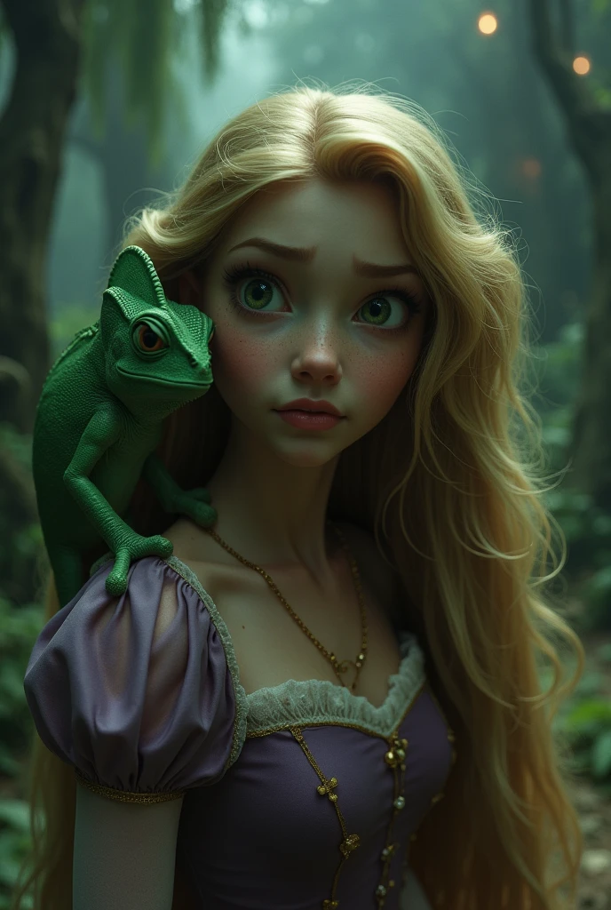(8k, fotorrealista　fotografia RAW　qualidade superior;1.4) 　(1 mature female)　super beleza　(Rosto realista)　rapunzel blonde, A high resolution　Precision details, sexy boobs, long hair, indigenous costume, in the forest with a jaguar, all body vision, kneeling, green eye