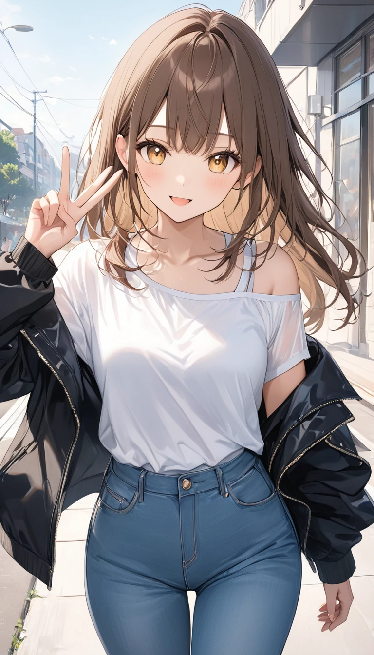 One girl, Ahoge, bangs, black skirt, black sweater, Blue Claws, Blurred, Blurred background, chest, Brown eyes, Brown Hair, brown Jacket, Mouth closed, Day included, Day, Depth of written boundary, Earrings, eyelash, Raise your hand, Tilt your head, Jacket, jewelry, Long Hair, Long sleeve, View Viewer, medium chest, Manicure, Open clothes, open Jacket, Outdoor, Pursed lips, Tucked in shirt, Side Lock, skirt, Sleeves are longer than the wrist, alone, sweater, Upper Body, zipper, smile, ((masterpiece)),