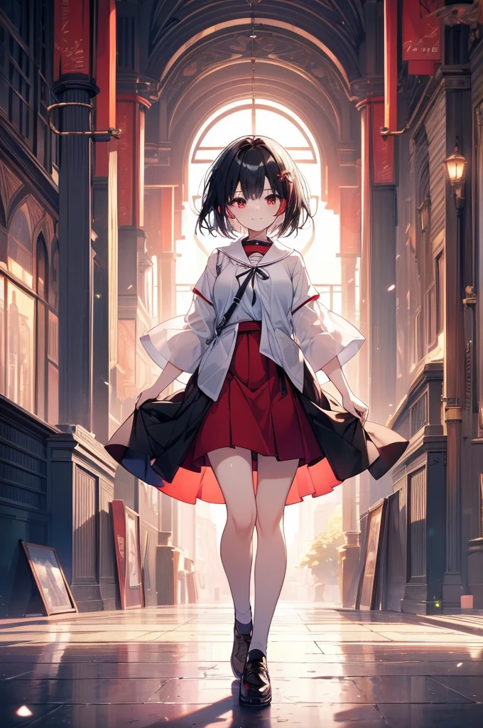 (masterpiece, highest quality, highest quality, (No text), Beautiful and aesthetic:1.2),No text,anime、break,One Girl，Black Hair Girl　 adult　Short Hair　Older sister　Beautiful eyes　Red eyes　cool　smile　Black and Red　skirt　White clothing　Full Body Outdoors