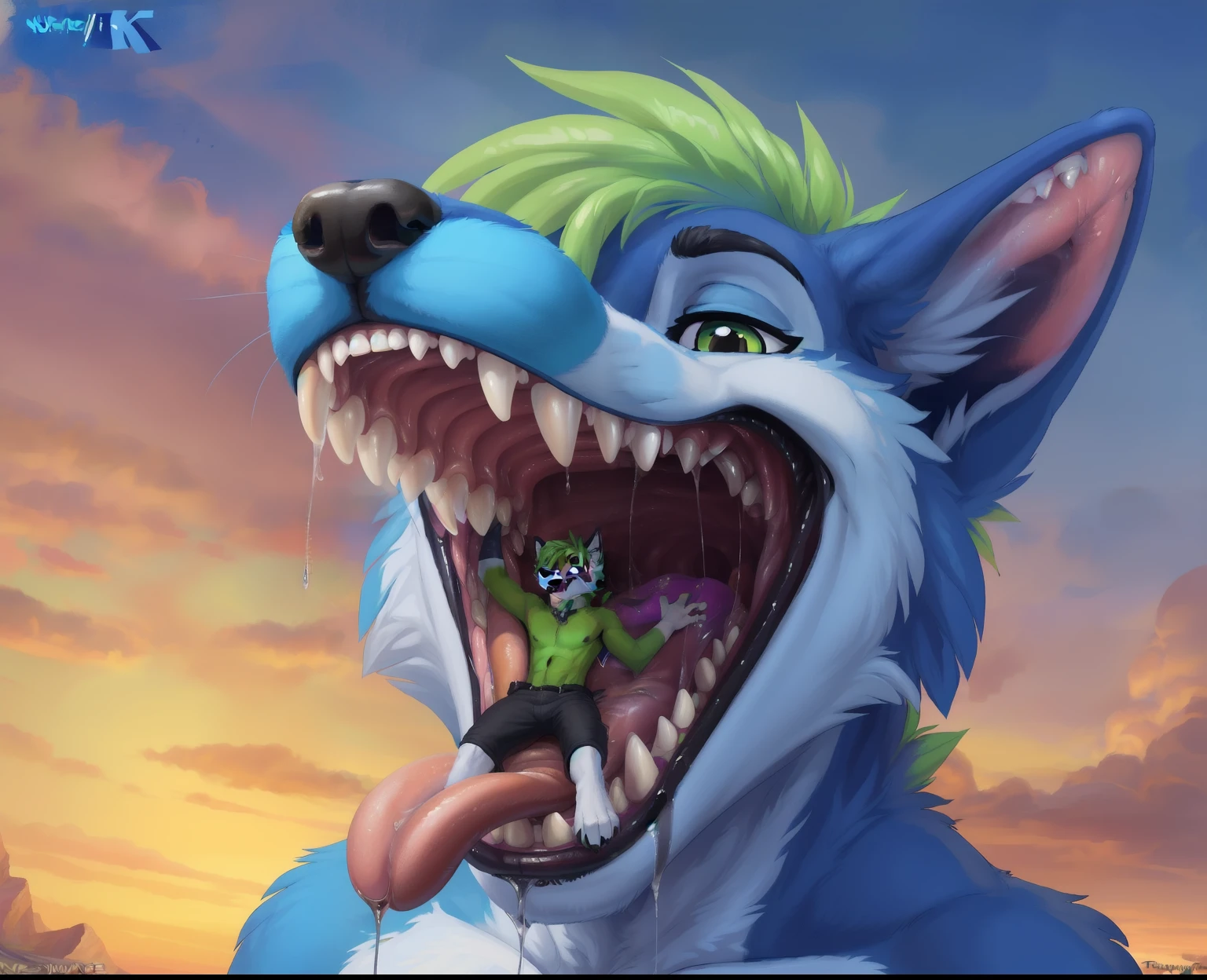 ((anthro (macro male orange fox with emo-green-hair, and micro sky-blue fox together), (micro in mouth), (detailed micro:1.6), (size difference:1.6), detailed fox face, detailed body, detailed mouth, looking on viewer)), nsfw, nude, (close-up), ((((vore), mouth, tongue, drool, mawshot))), fantasy, ((by zaush, (by meesh))), (by spectrumshift), (((by Nummynumz))), ((by fluff kevlar)), (male), (vibrant colors), (neon colors)