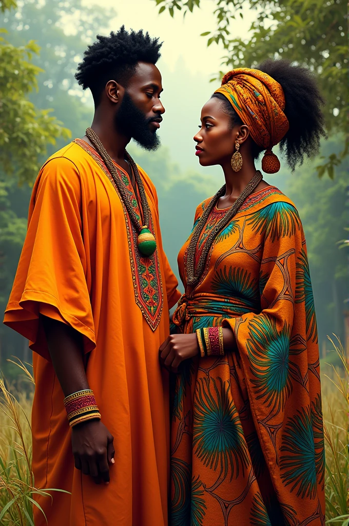 
African man dressed in a white tunic and purple sparkles with African necklaces and a purple crown with silver bracelets accompanied by an African woman in a brown dress with colors and braided hair with copper necklaces and bracelets 