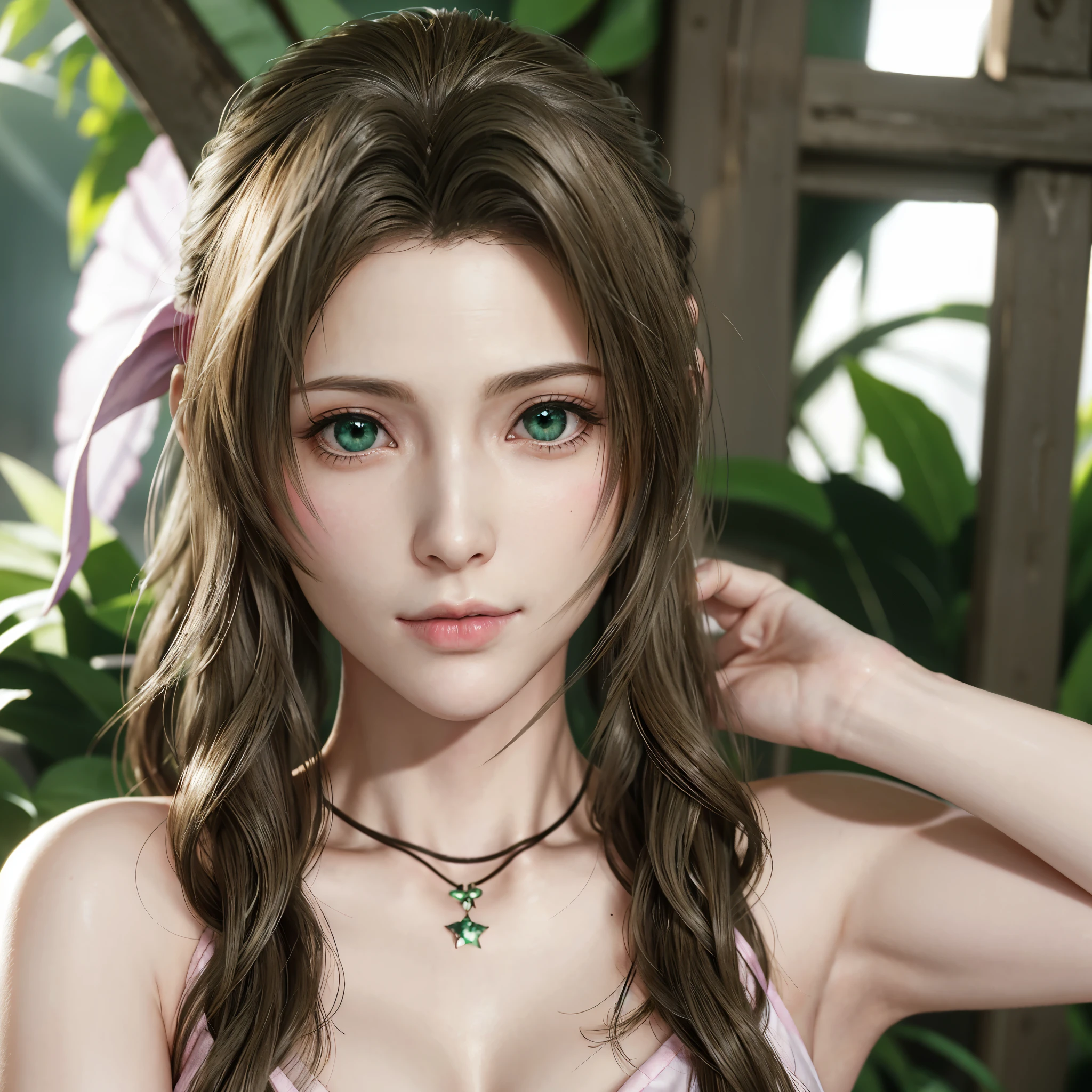 "AERITH" (best quality,4k,highres,masterpiece:1.2),ultra-detailed,realistic,portrait,Aerith,[Final Fantasy 7 Remake],beautiful detailed eyes,perfect face,detailed lips,symmetry,delicate face,delicate body,perfect body,physically-based rendering,vivid colors,studio lighting,green eyes,soft features,gentle expression,flowing hair,sparkling eyes,flawless skin,gorgeous,ethereal atmosphere,subtle makeup,beautifully rendered,textured clothing,graceful pose,aesthetically pleasing,bokeh