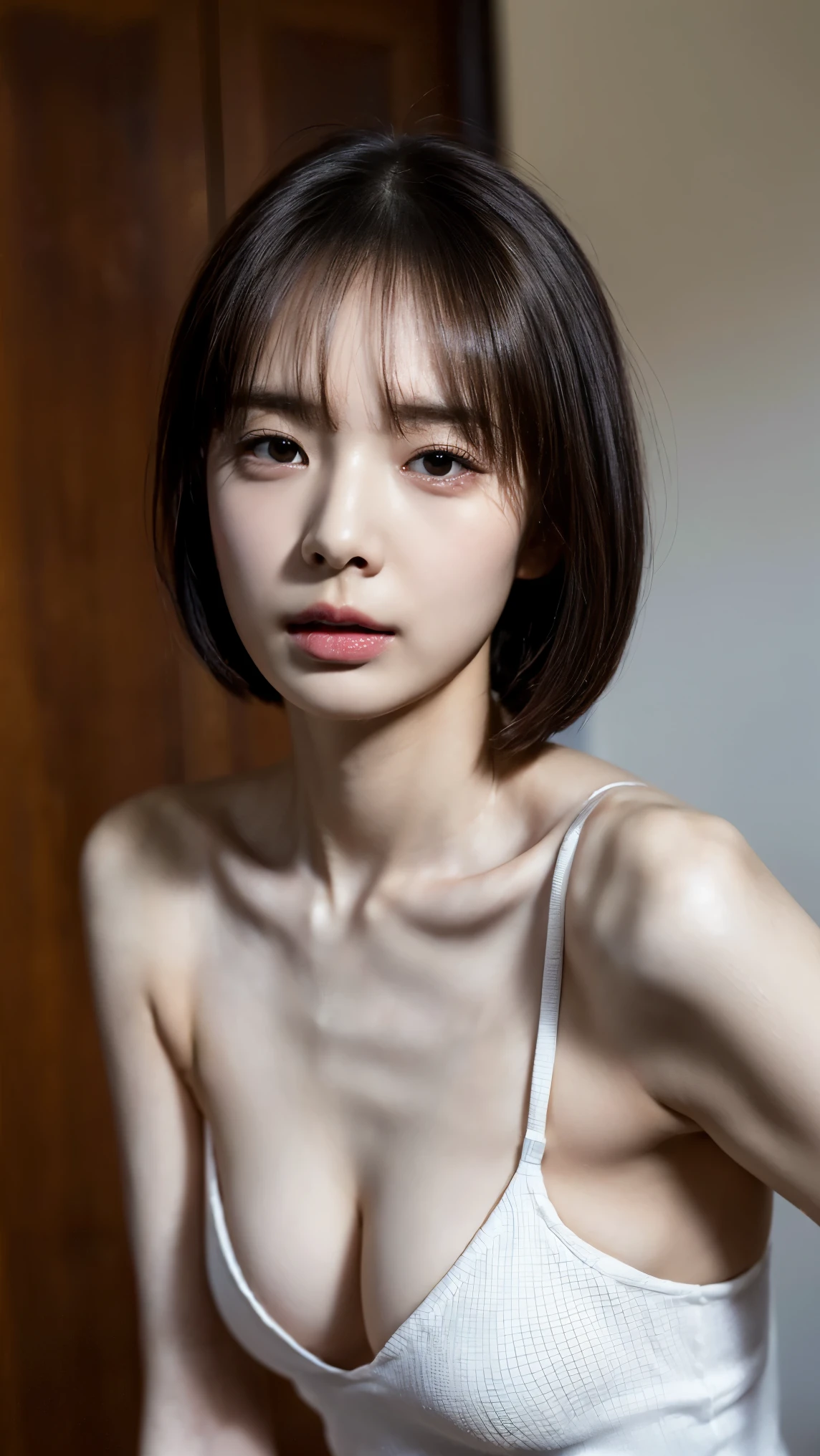 ((Petite women, Sensual woman, No makeup, 柔らかい笑face)), (((Small eyes, Long, narrow eyes))), (Full body portrait, Black Hair, Short Hair, Small breasts, Wearing a white T-shirt, Protruding nipples, Thick pubic hair), White skin, Glossy pale lips, skinny, Body Type, Delicate and sexy collarbone, Best Quality, RAW Photos, Realistic, face, so beautiful, cute, Depth of the written border, High resolution, 超detailed, detailed, Very detailed, extremely detailed eye and face, Sharp pupils, Sharp focus, Cinema Lighting
