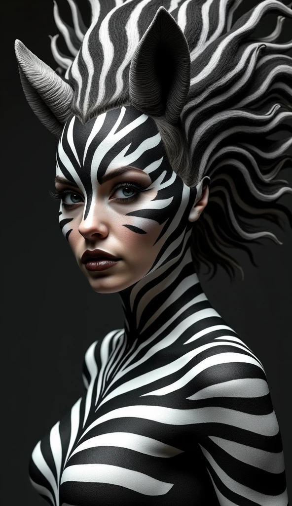 photoillustration of double exposure of merged, a lady, a panther (transparency effect of a panther images immerse on her chest), seamless mix, texture and pattern, transparency effect, iconic stance, dramatic shadows, dramatic lights, interlacing elements, fit-image on her chest, front view, fantasy art, digital manipulated photo art
