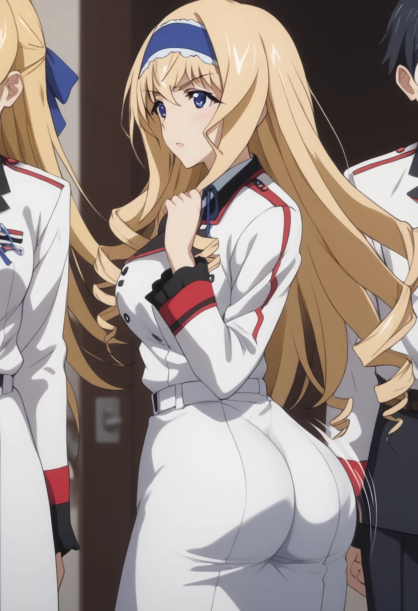 score_9, score_8_up, score_7_up, source_anime, high detail, detailed face, cecilia alcott, long hair, blue eyes, blonde hair, hairband, drill hair, blue hairband, school uniform, ribbon, blue ribbon, long sleeves, red trim, uniform, military uniform, white military uniform, ClapEm, ass, handprint on hip, motion blur, motion lines, afterimage, slap mark