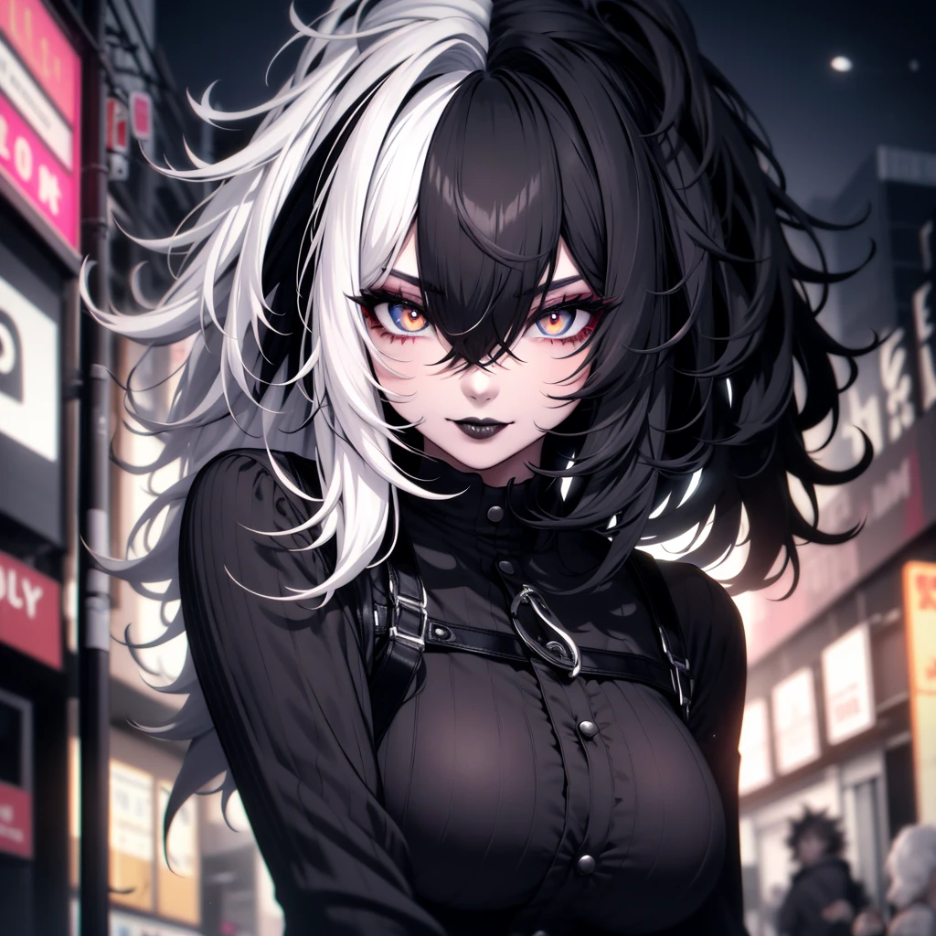 masterpiece, best quality, highly detailed,1girl, emo hairstyle, shy smile, lipstick, messy hair, big breasts, adult, split-color hair, black and white hair, eye shadow, black lipstick, street at night, neon lighting