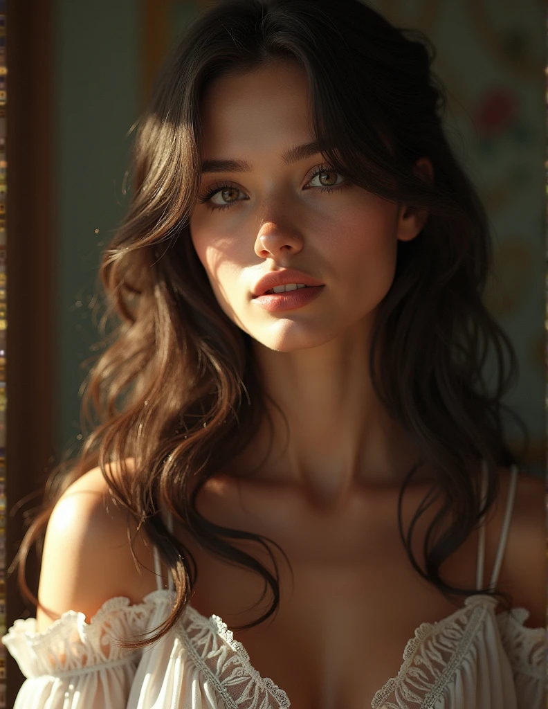 [RAW Photo, 8k, High Resolution, Masterpiece, Premium Quality Camera, Cowboy Shot], [Girl Description : ((cute girl, with oval face and symmetrical face structure, big eyes, Hazal eye color, almond shape eyes, straight and balanced nose, soft wavy (black hair) ,heart-shaped lips, perfect eyebrows, perfect ears, light pale soft skin, pale white skin, pink natural lips, seductive expressions, vibrant light, ultra cute and sexy girl, 22 years old, cute face))], [Body Description : ((Hourglass body shape, 32 inch breast, rounded breasts))],