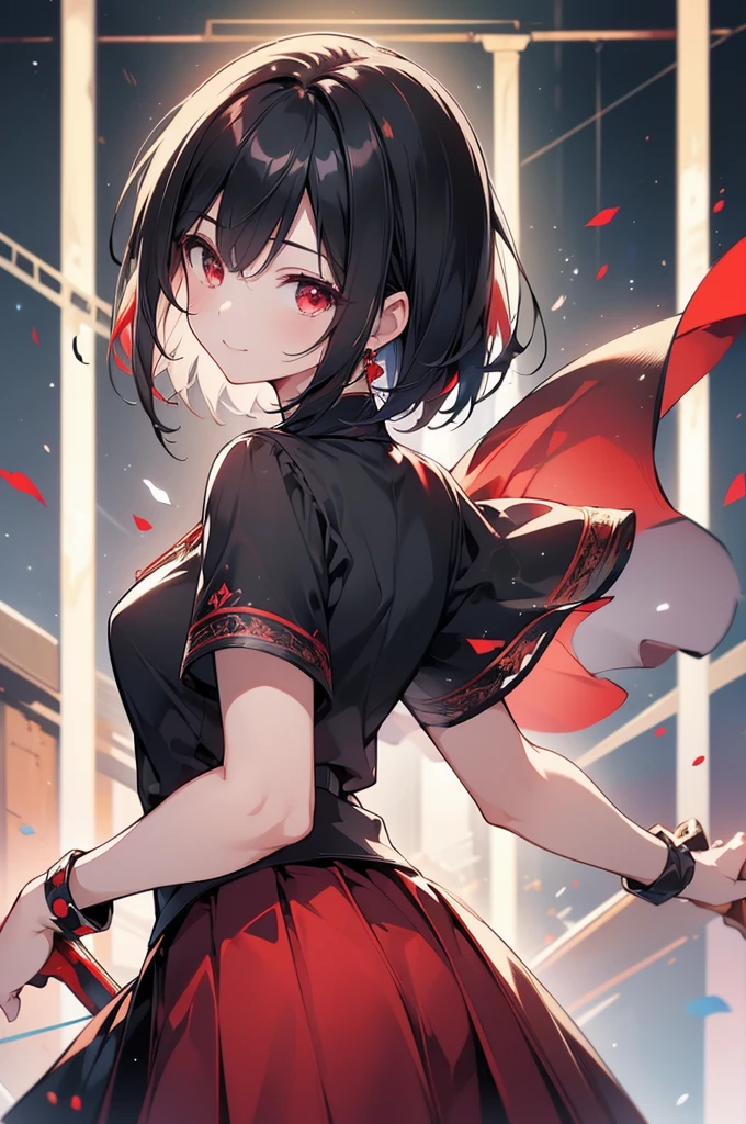 (masterpiece, highest quality, highest quality, (No text), Beautiful and aesthetic:1.2),No text,anime、break,One Girl，Black Hair Girl　 adult　Short Hair　Older sister　Beautiful eyes　Red eyes　cool　smile　Black and Red　skirt　Full Body Outdoors