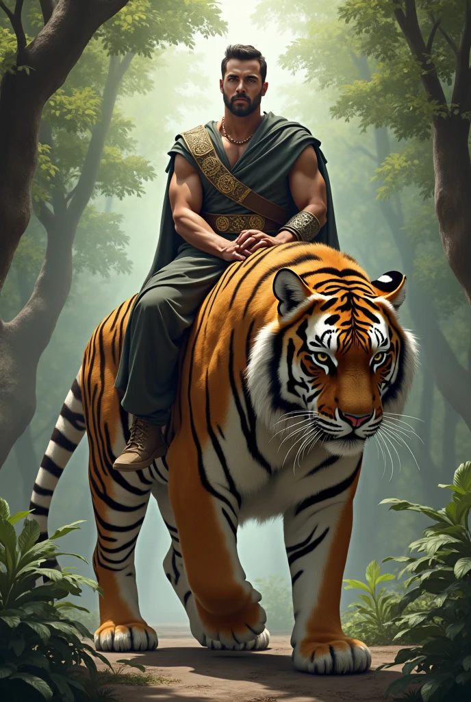A very realistic panoramic sunlight image of Tarzan riding on the back of an elephant while holding his blonde Jane in his arms. Both are naked but wearing only a primitive short narrow loincloth of a primeval man, both dripping with water in the crashing waters of a very high waterfall half surrounded by large jungle trees in 70000000 BC, HD photography, ultra-realistic, King Tut, 4k, hyper-realistic, sharp texture, colour