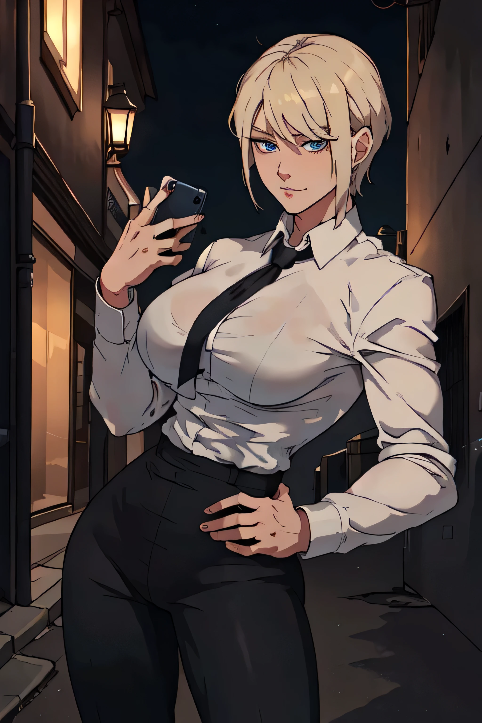  with short blonde hair, blue eyes, wearing a white shirt, breasts, with a black tie, defined body, wearing black pants wearing black pants, defined waist, hips, collared shirt, In an alley on a street at night, with a bloodstained shirt and holding a cell phone in his hand 