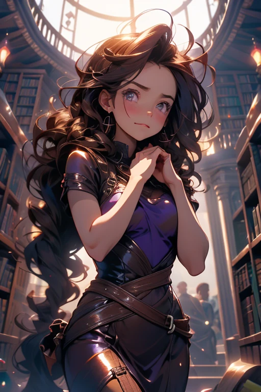 masterpiece, best quality, FELute, necklace, purple dress, blue cape, bracers, upper body, looking at viewer, smug, library <lora:lute-nvwls-v2-000012:0.9>