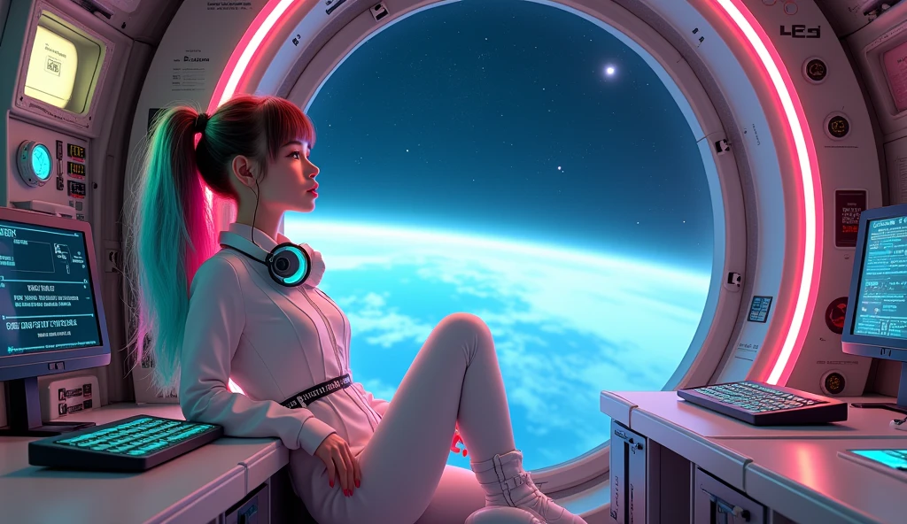 Create a unique painting, inspired by “Celestial Dreams”.,&#39;, You can see through a window in the spaceship that combines cosmic images and dreamy landscapes to create a surreal masterpiece, eine Frau setht im Bildvordergrund und schaut in den Kosmos, man sieht ihren perfekt geformten Arsch und ihre vollen Haare, sie ist nur von hinten zu sehen, hoher kontrast, grelle Farben, Planet erstrahlt in leuchtenden Farben